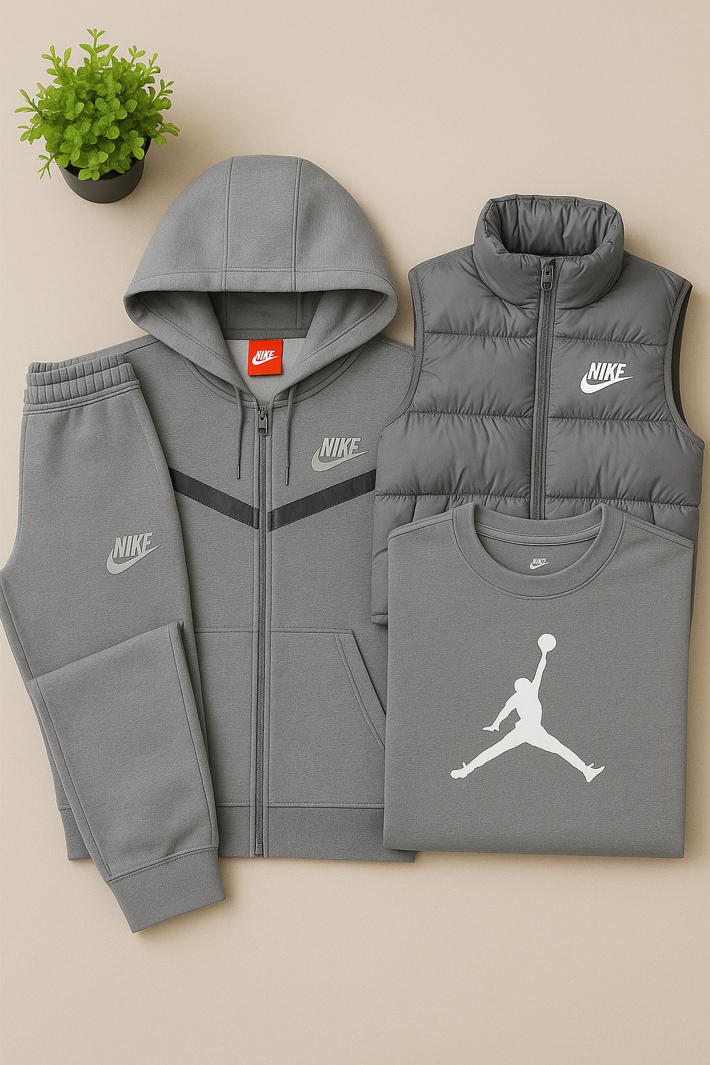 NK™ Full Outfit Bundle in Gray – Hoodie, Joggers, Puffer Vest & Jordan T-Shirt